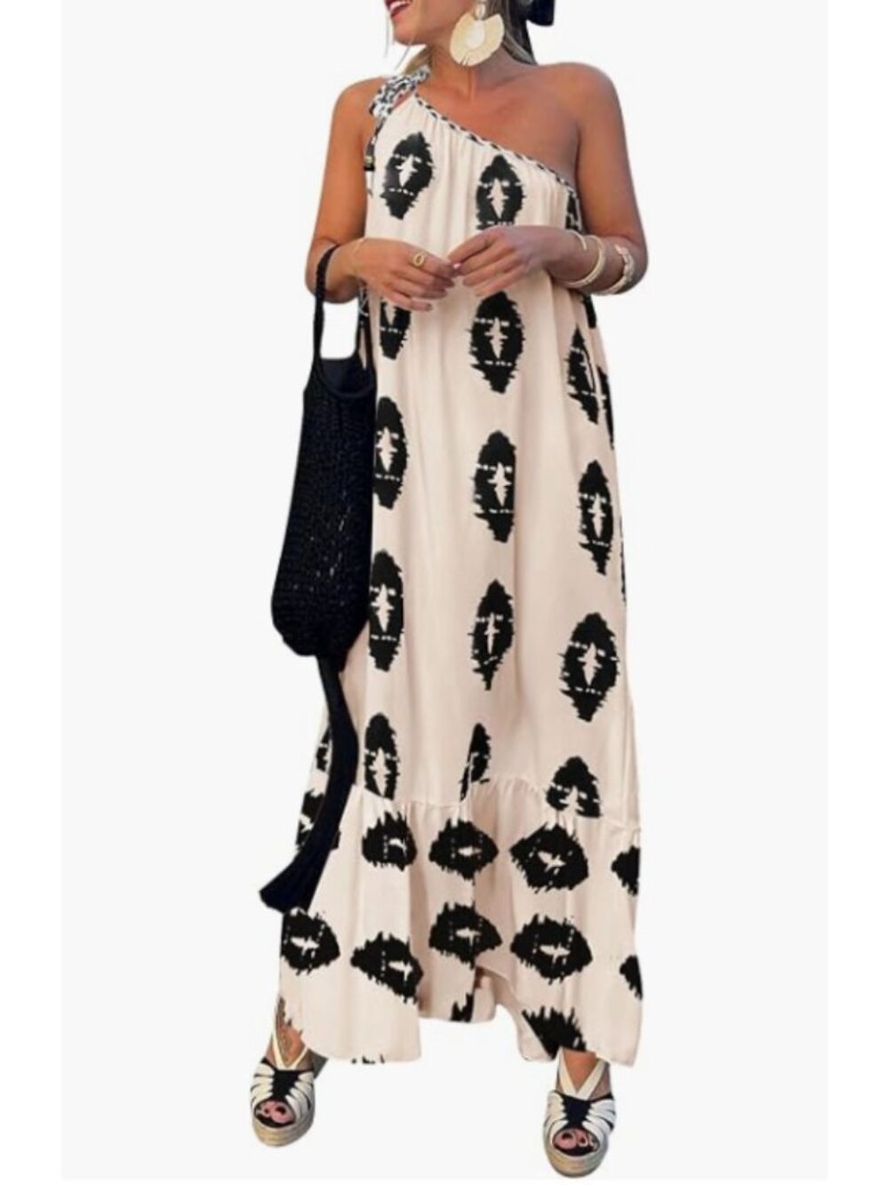 Cream and Black Patterned One Should Dress with Optional Tie
